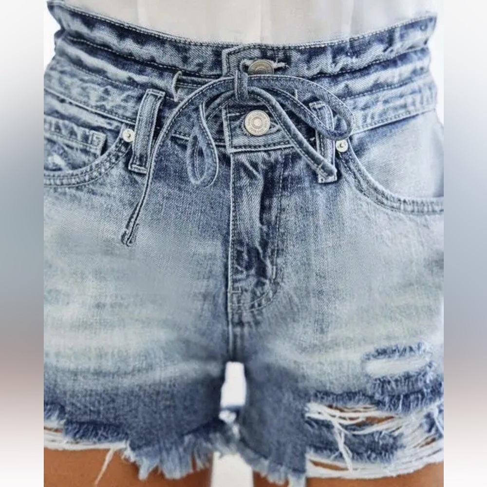 KanCan Women's High Rise Tie Waist fringe denim Shorts Blue Jeans Size S KC8629